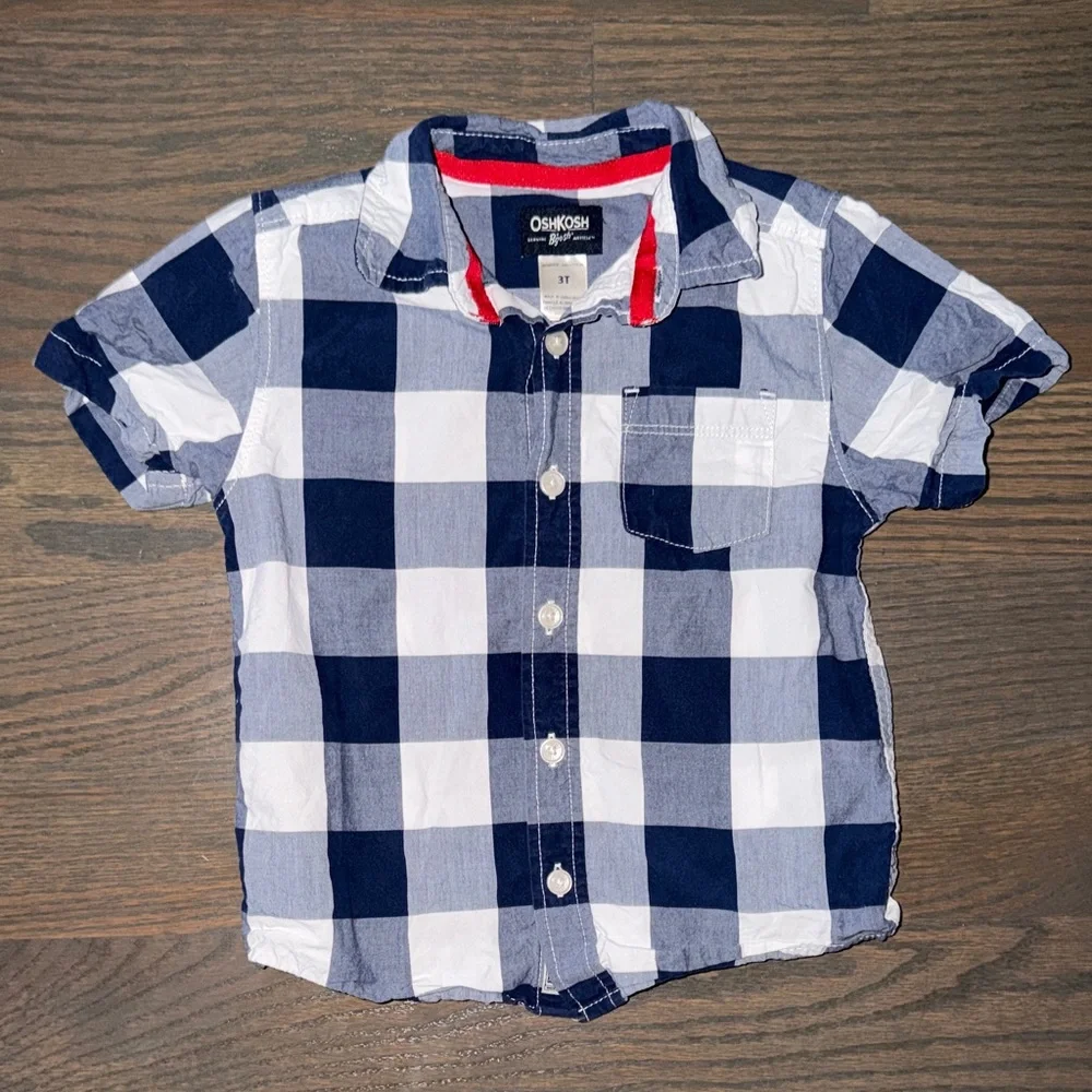 OshKosh B'gosh Navy & White Short Sleeve Checkered Button-Down Shirt | 3T